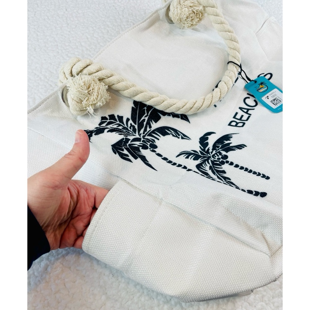 (NWT) TESALATE • Cream/Black “Hello Beaches” and Palm Trees Large Beach Tote Bag - Picture 7 of 15